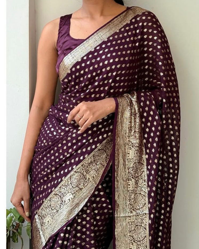 Pure Viscose Georgette Saree With Fancy Zari & Fancy Jacquard Border Maroon Colour