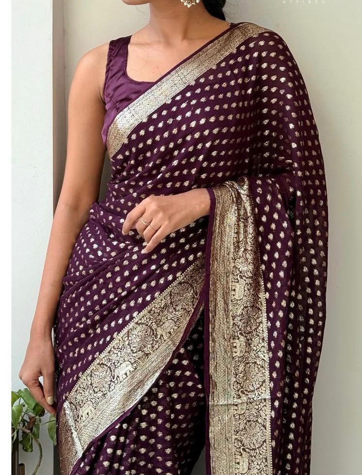 Pure Viscose Georgette Saree With Fancy Zari & Fancy Jacquard Border Maroon Colour