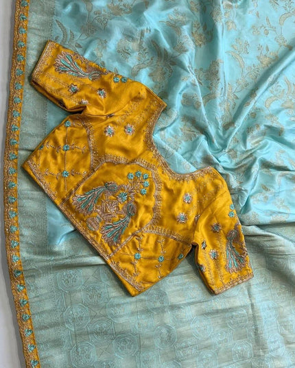 Heavy Dola Silk with Fancy Lace & Contrast designer Embroidered blouse Blue Colour
