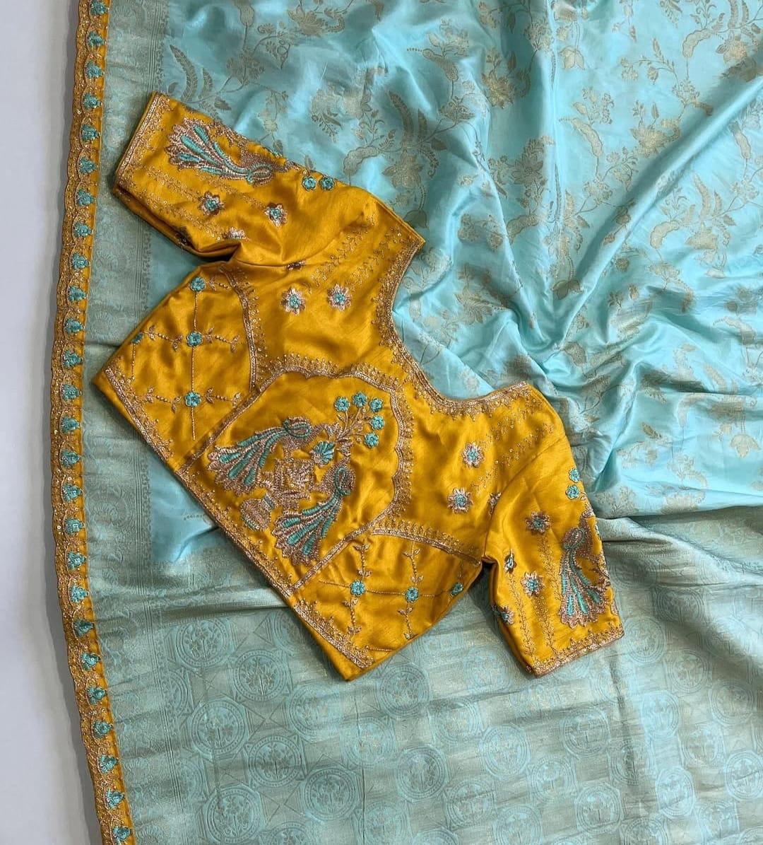 Heavy Dola Silk with Fancy Lace & Contrast designer Embroidered blouse Blue Colour