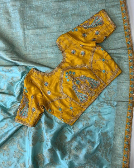 Heavy Dola Silk with Fancy Lace & Contrast designer Embroidered blouse Blue Colour