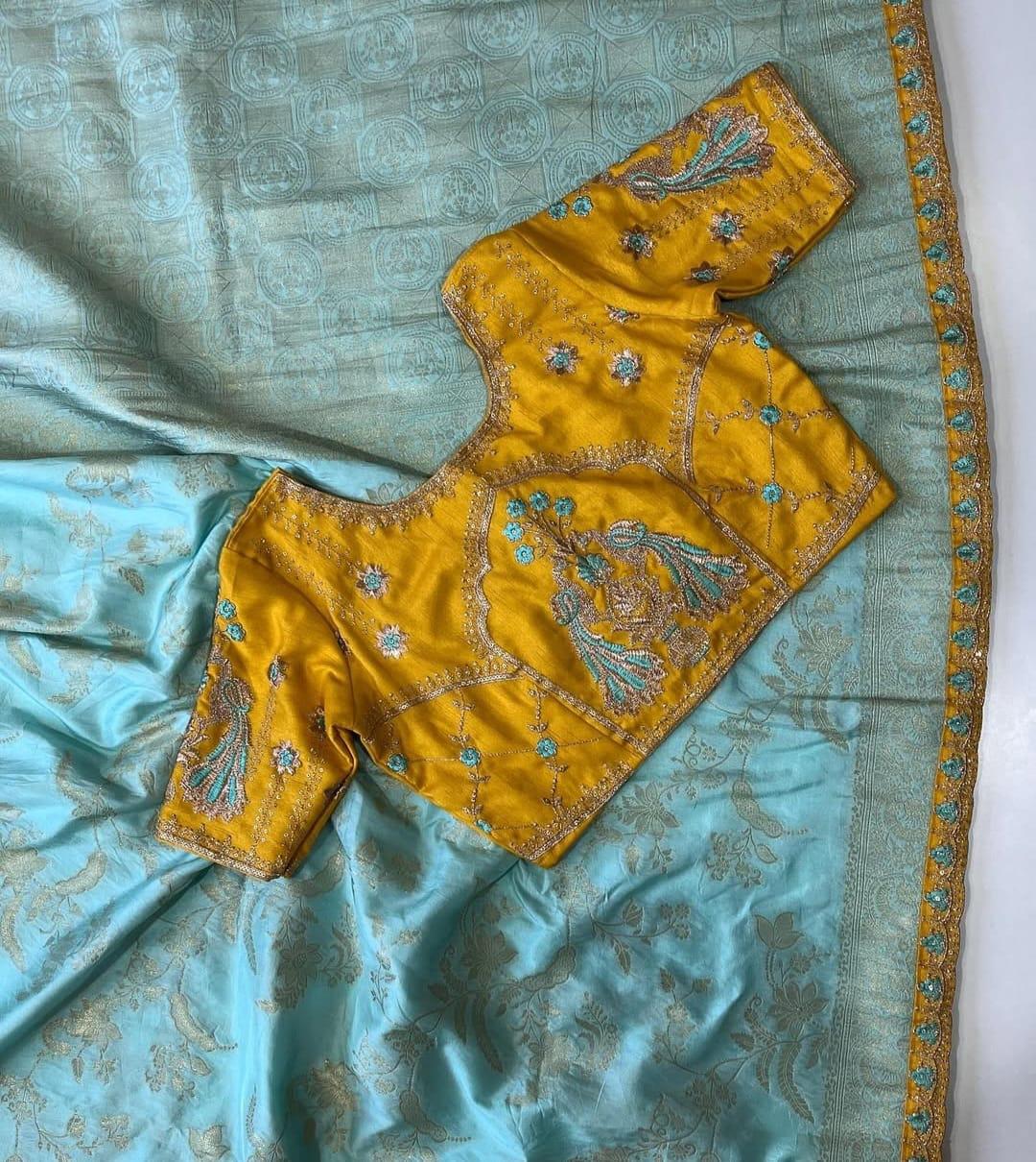 Heavy Dola Silk with Fancy Lace & Contrast designer Embroidered blouse Blue Colour