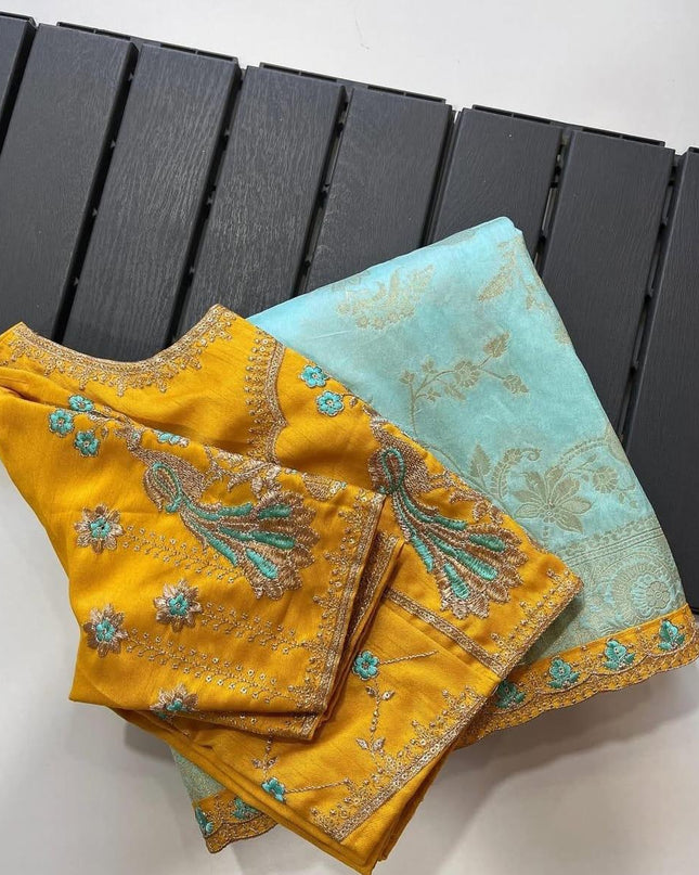 Heavy Dola Silk with Fancy Lace & Contrast designer Embroidered blouse Blue Colour