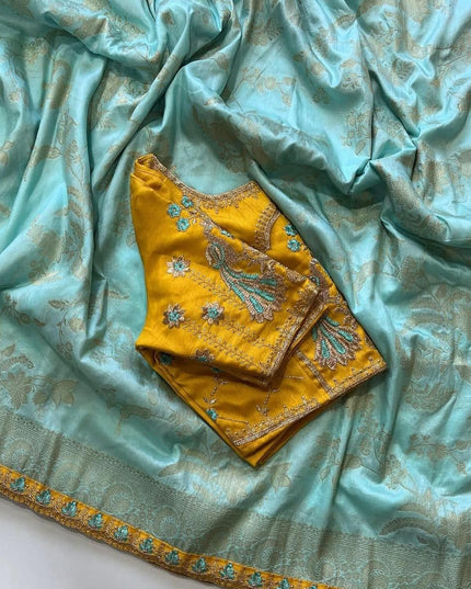 Heavy Dola Silk with Fancy Lace & Contrast designer Embroidered blouse Blue Colour