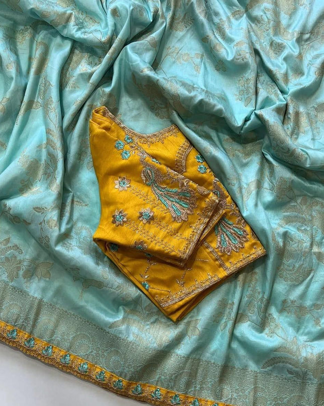 Heavy Dola Silk with Fancy Lace & Contrast designer Embroidered blouse Blue Colour