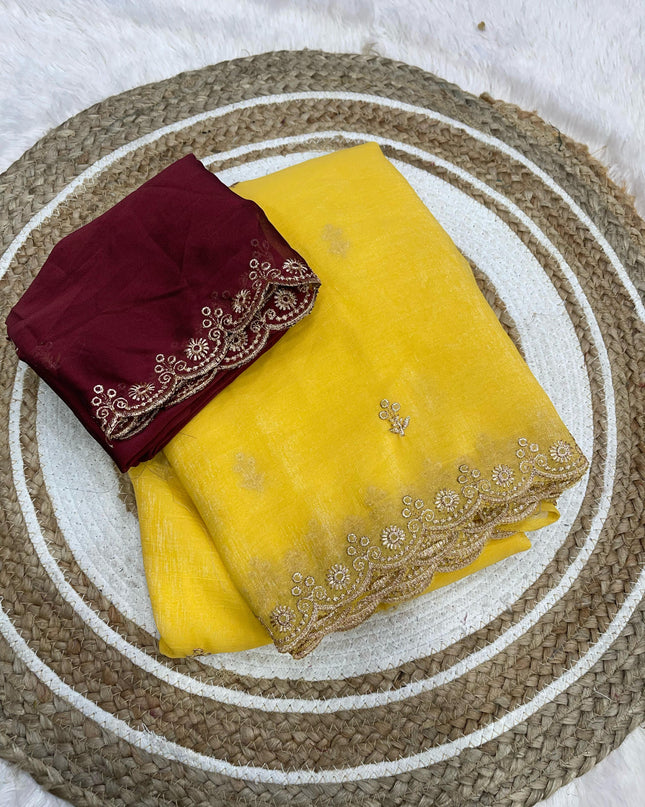 Chiffon crush saree Yellow Colour