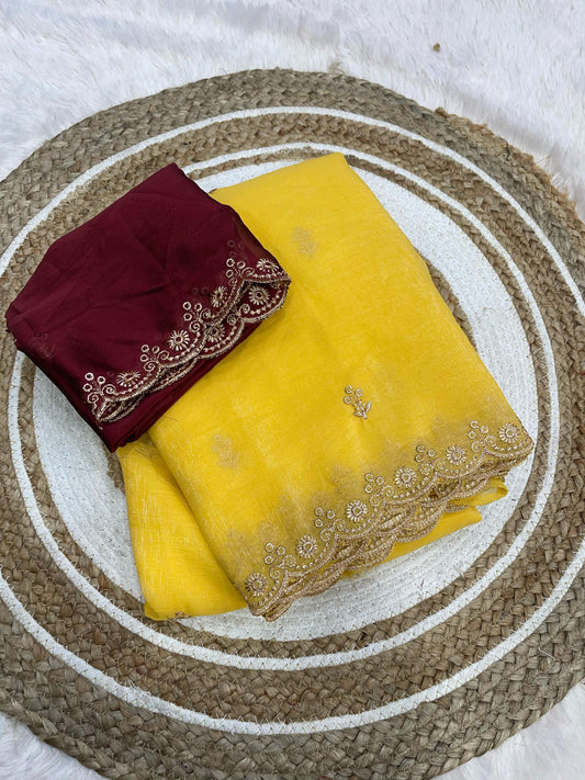Chiffon crush saree Yellow Colour