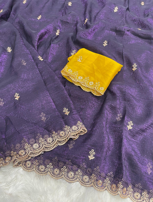 Chiffon crush saree Purple Colour