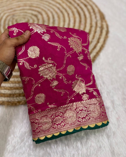 Viscose Dola Silk Fabric With Meenakari Zari Weaving Saree Pink Colour