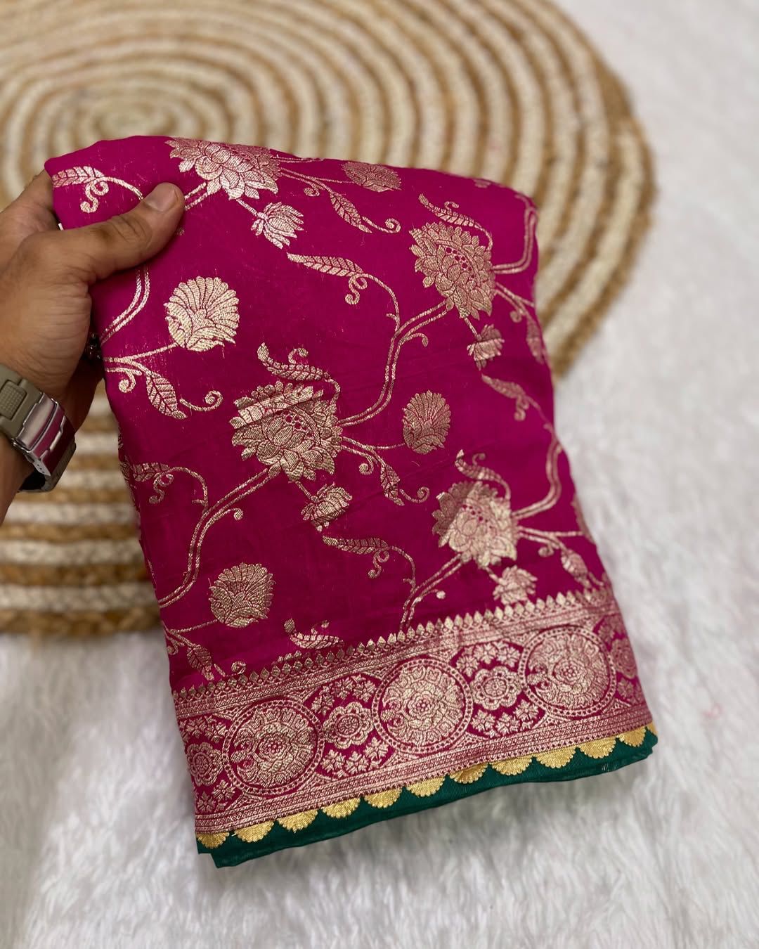 Viscose Dola Silk Fabric With Meenakari Zari Weaving Saree Pink Colour