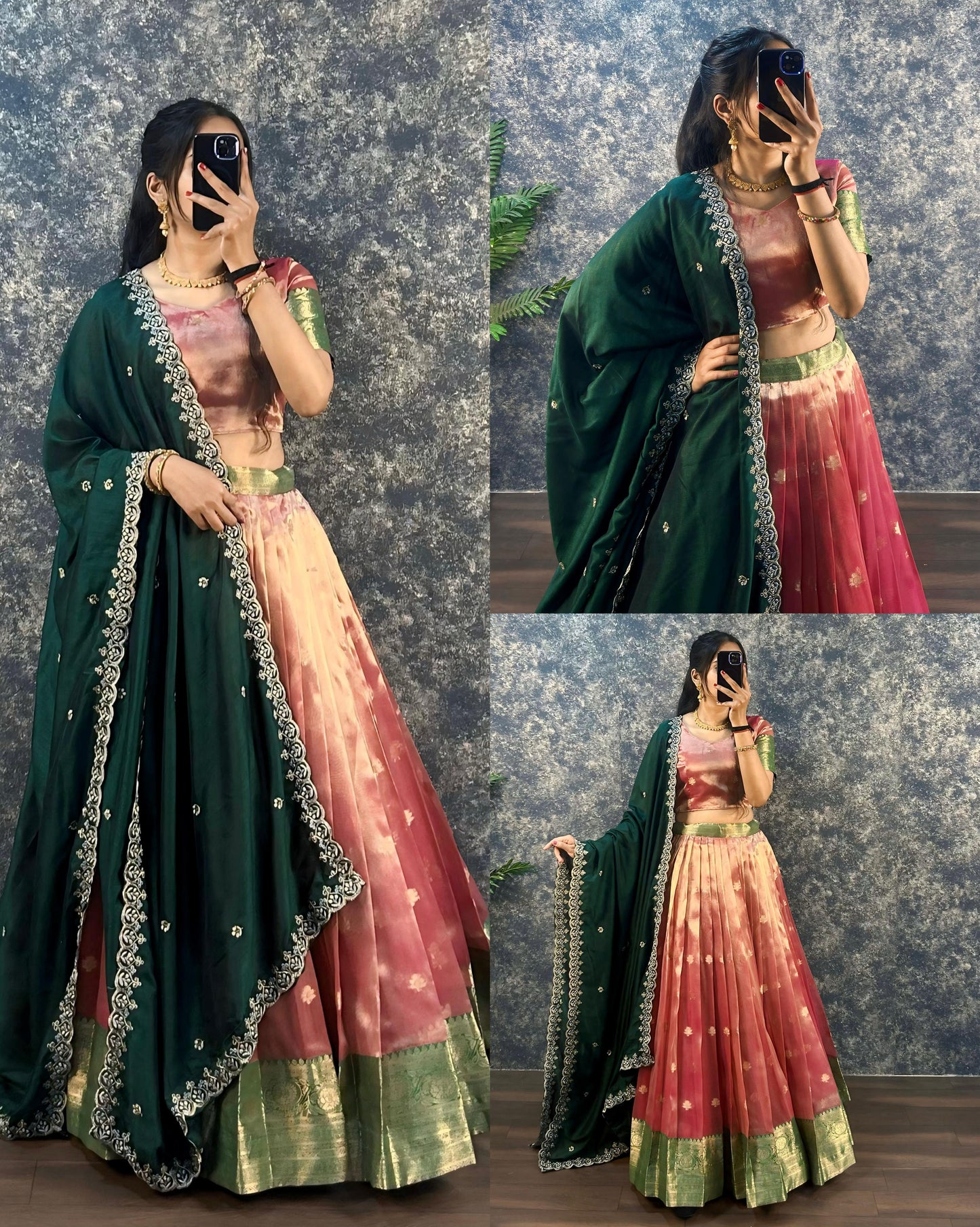 SOFT BANARSI TISSU ORGANZA LEHENGA GREEN COLOUR