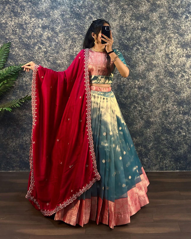 SOFT BANARSI TISSU ORGANZA LEHENGA