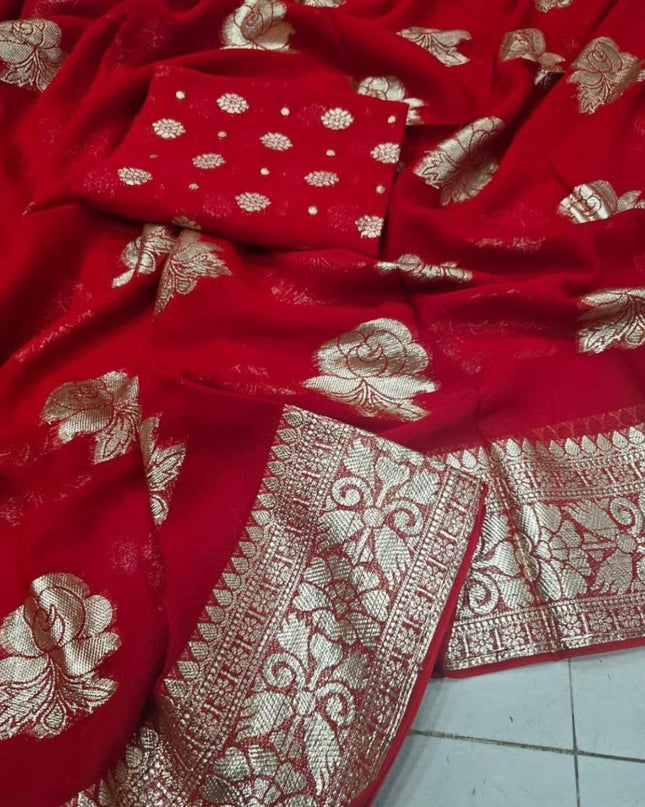Viscose Georgette Saree Red Colour