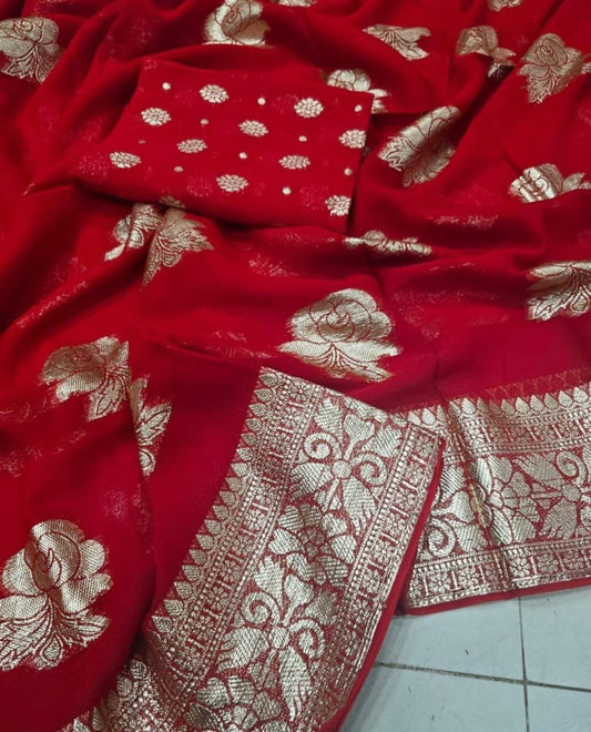 Viscose Georgette Saree Red Colour