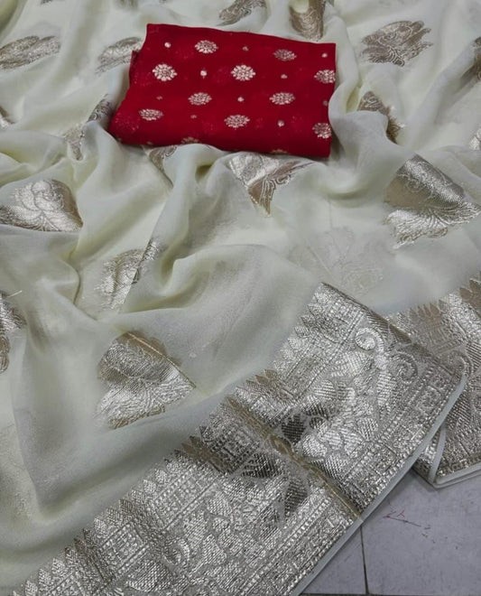 Viscose Georgette Saree White Colour