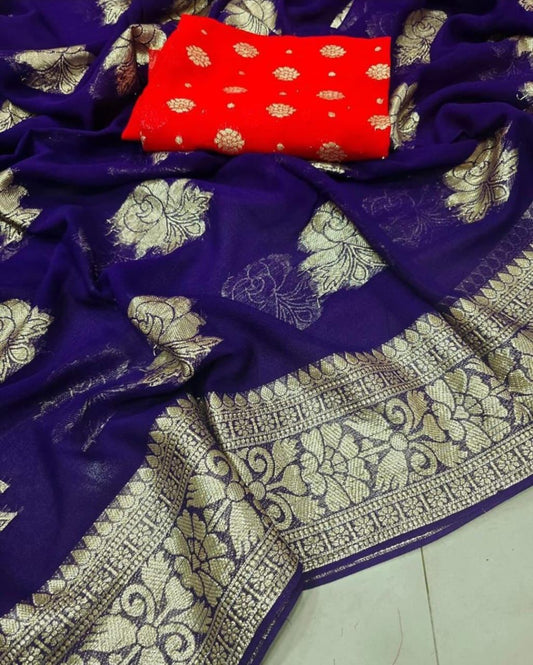 Viscose Georgette Saree Blue colour With Contrast Running Red Colour Blouse