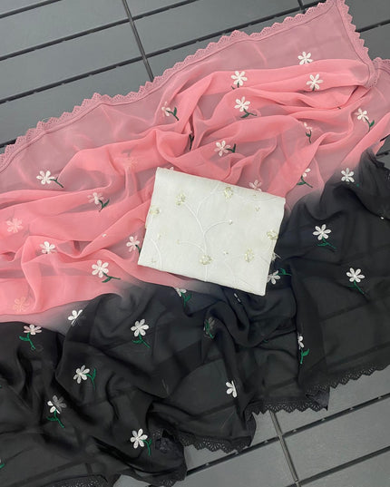 GEORGTTE PADDING SAREE PINK & BLACK COLOUR