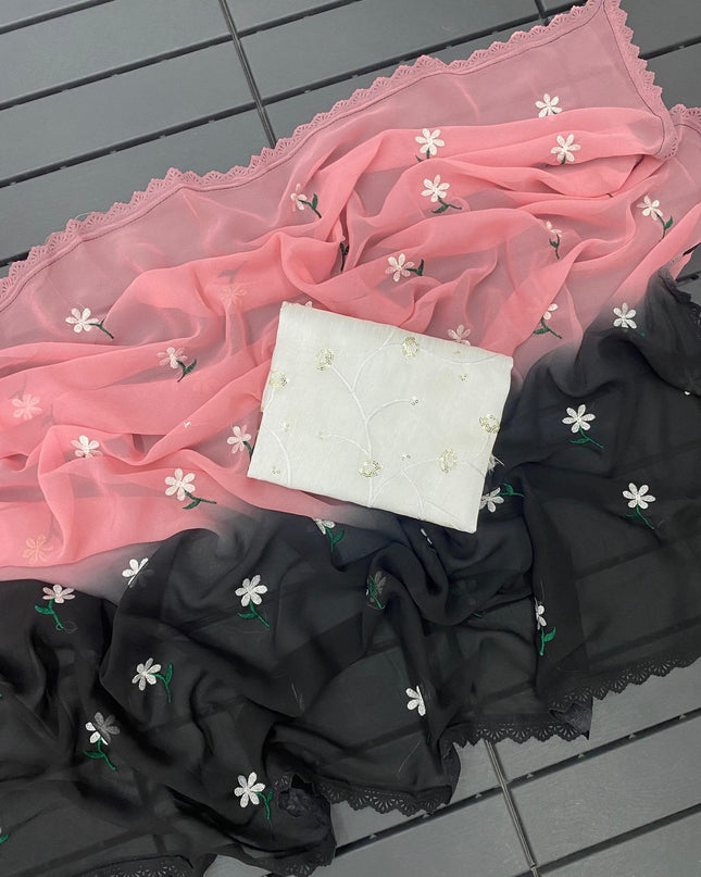 GEORGTTE PADDING SAREE PINK & BLACK COLOUR