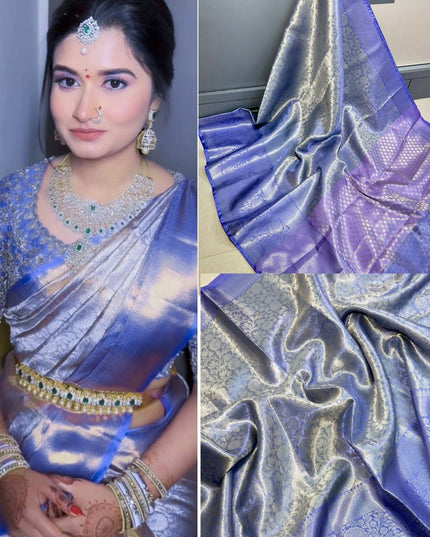 BANARASI  KANCHIPURAM ZARI TISSUE  VASKAT  SAREE BLUE COLOUR