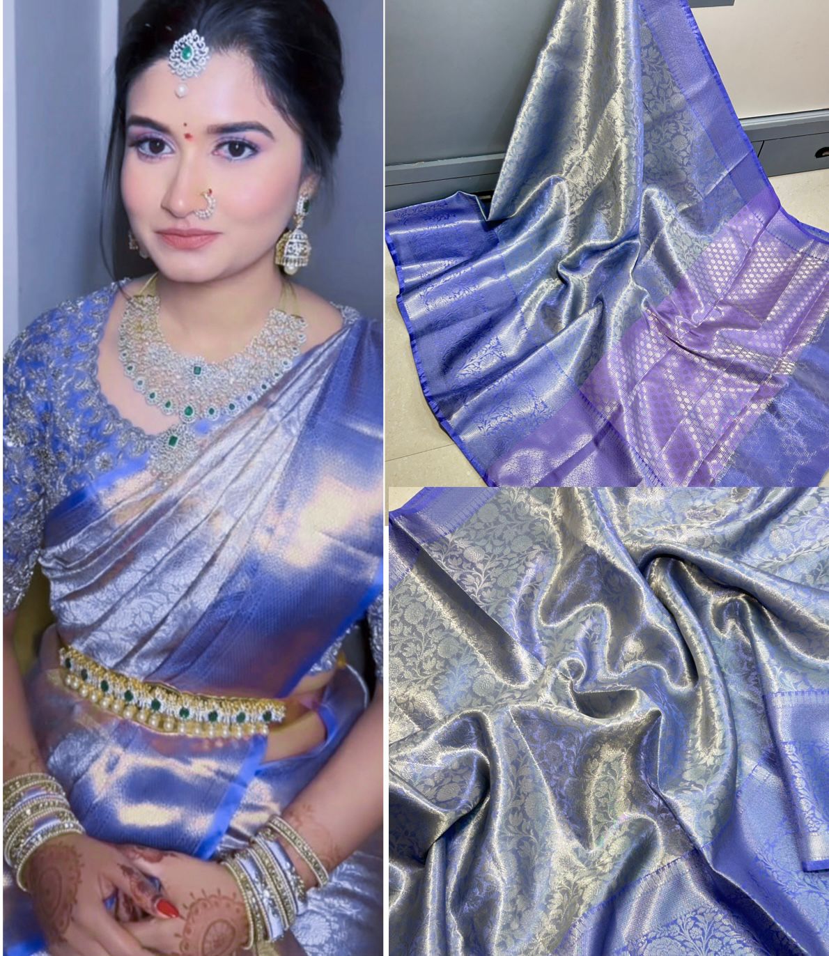 BANARASI  KANCHIPURAM ZARI TISSUE  VASKAT  SAREE BLUE COLOUR