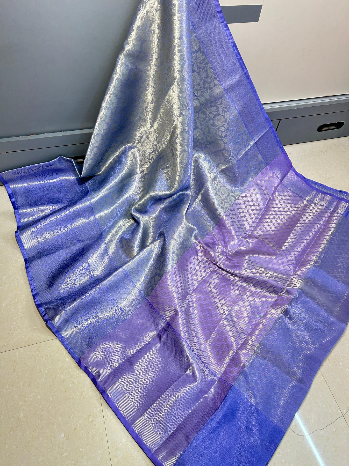 BANARASI  KANCHIPURAM ZARI TISSUE  VASKAT  SAREE BLUE COLOUR