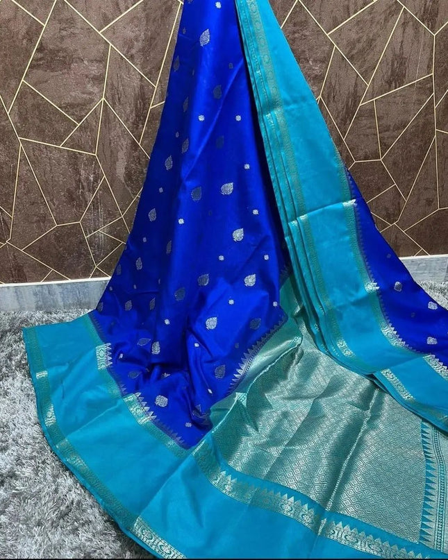 BANARASI SEMI KATAN DULA SIK DYED SAREE BLUE COLOUR
