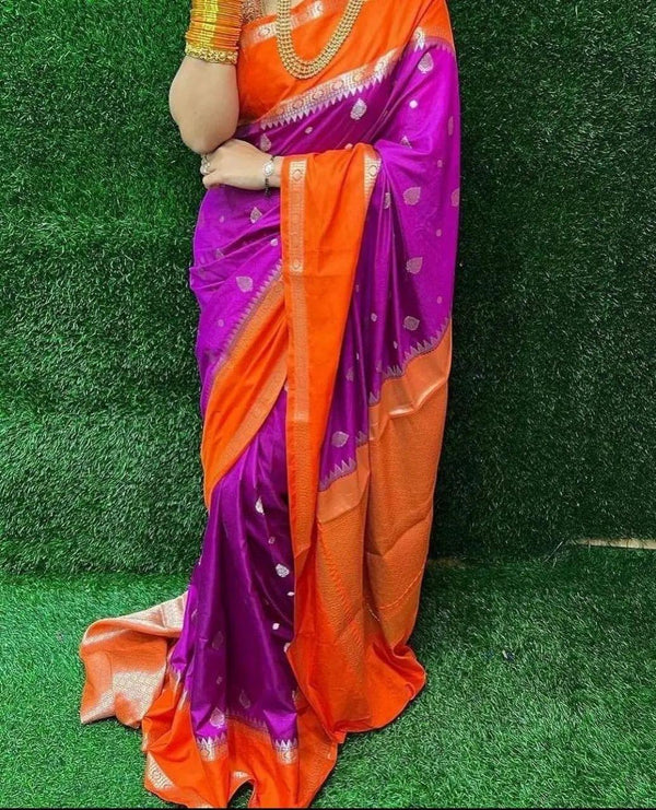 Banarasi Semi Katan Dola Silk Dyed Saree Orange Colour