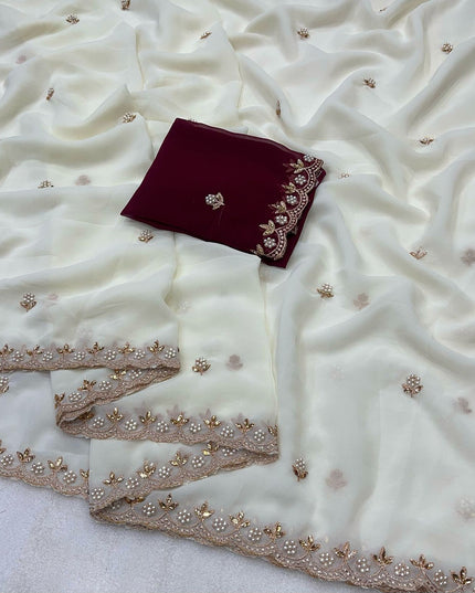 Georgette Saree Multi Embroidery Work With Contrast Running Blouse