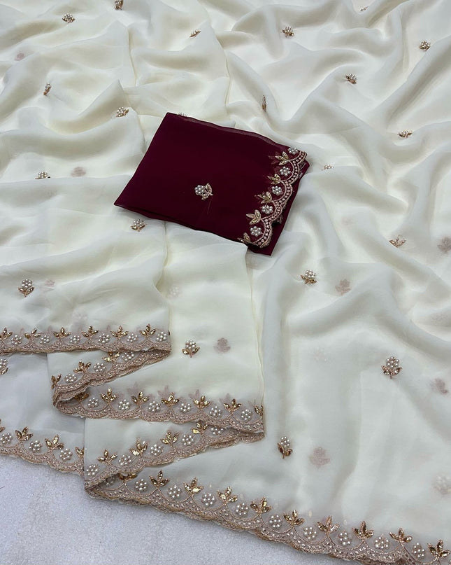 Georgette Saree Multi Embroidery Work With Contrast Running Blouse