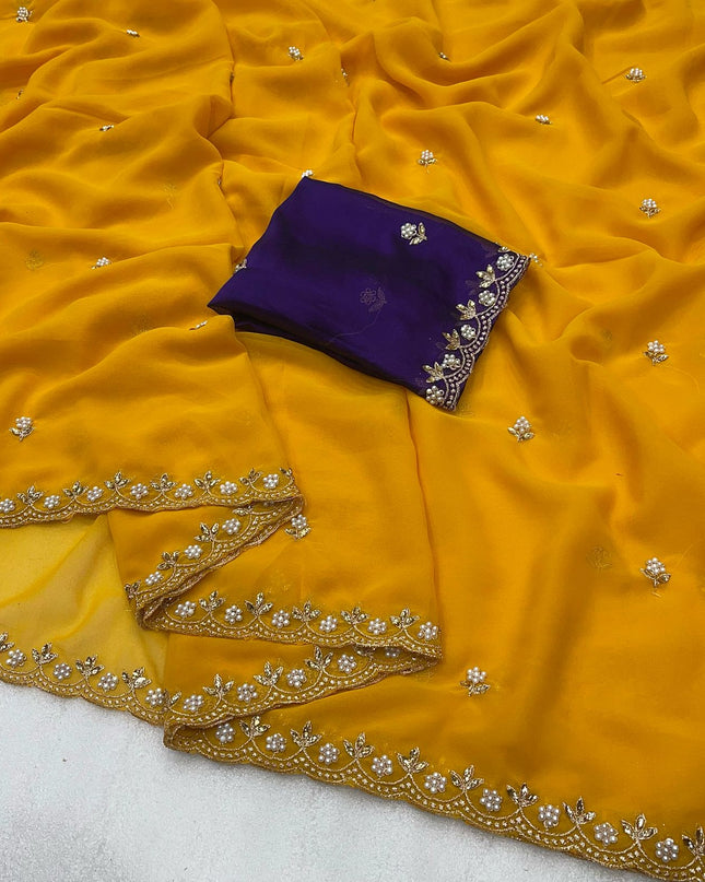 Georgette Saree Multi Embroidery Work With Contrast Running Blouse