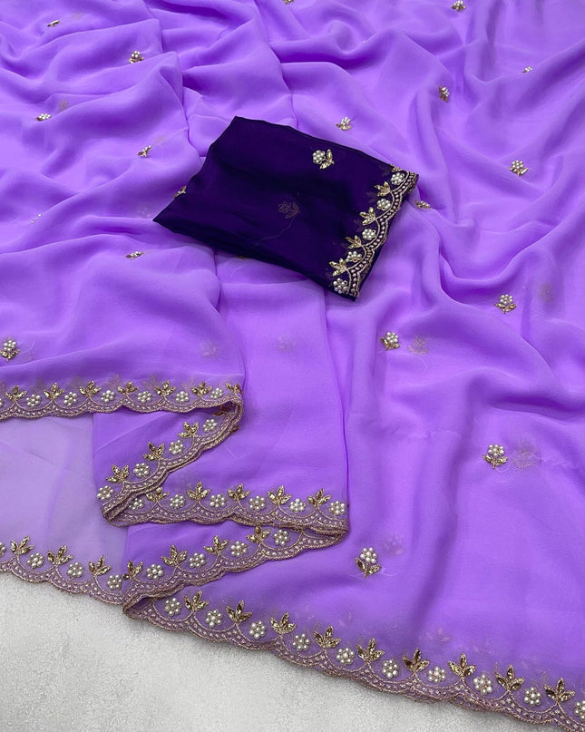 Georgette Saree Multi Embroidery Work With Contrast Running Blouse