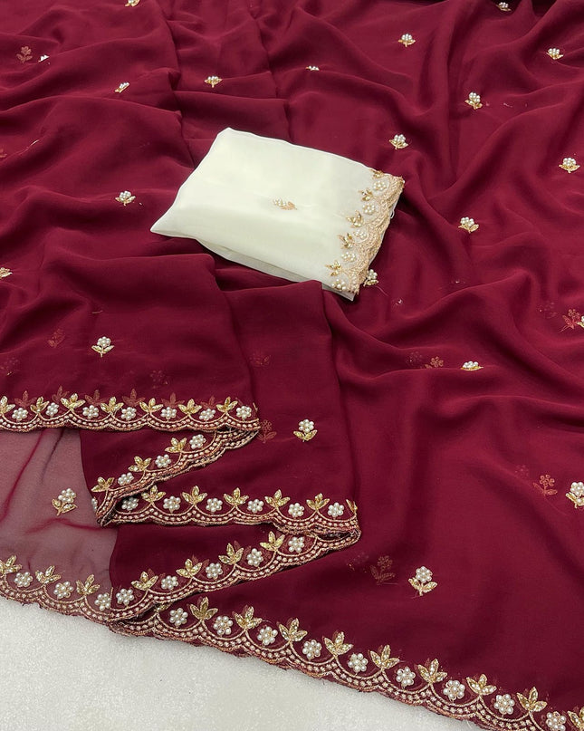 Georgette Saree Multi Embroidery Work With Contrast Running Blouse