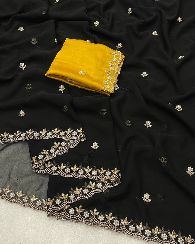 Georgette Saree Multi Embroidery Work With Contrast Running Blouse