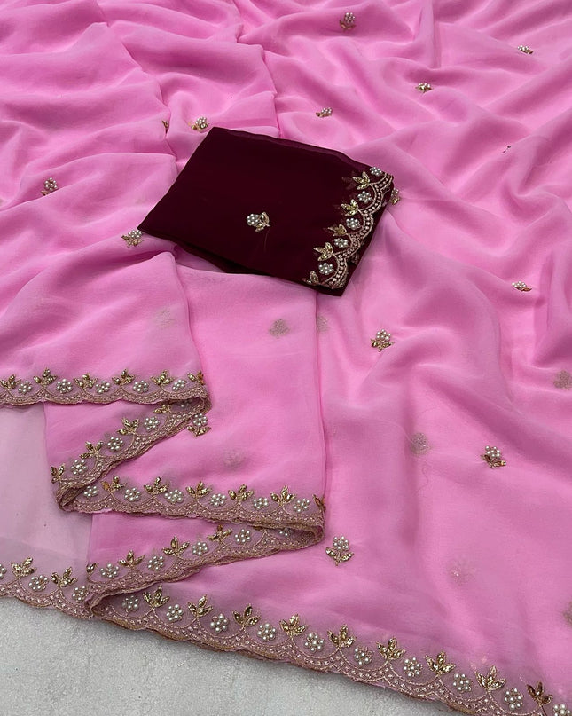 Georgette Saree Multi Embroidery Work With Contrast Running Blouse