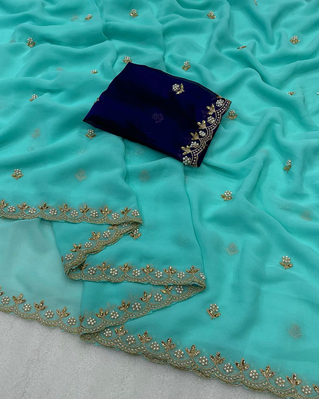 Georgette Saree Multi Embroidery Work With Contrast Running Blouse