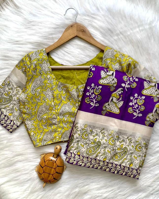 Soft Cotton Silk Fabric With Kalamkari Print All Over Saree