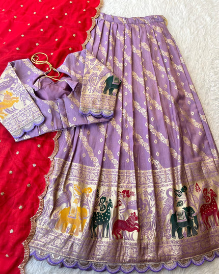 Viscose tissue silk with embroidery cut work lace  Lehengha