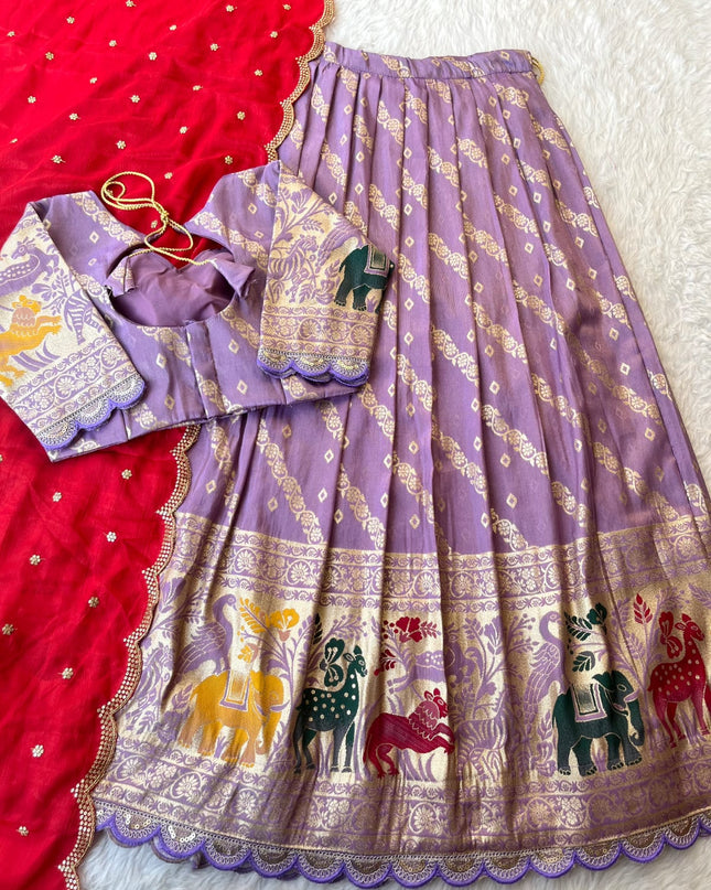 Viscose tissue silk with embroidery cut work lace  Lehengha