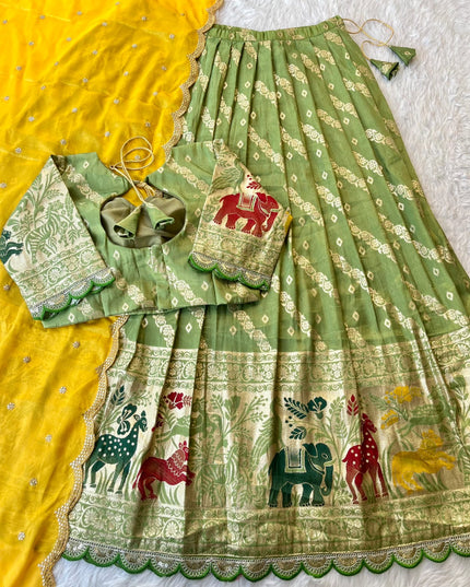 Viscose tissue silk with embroidery cut work lace  Lehengha