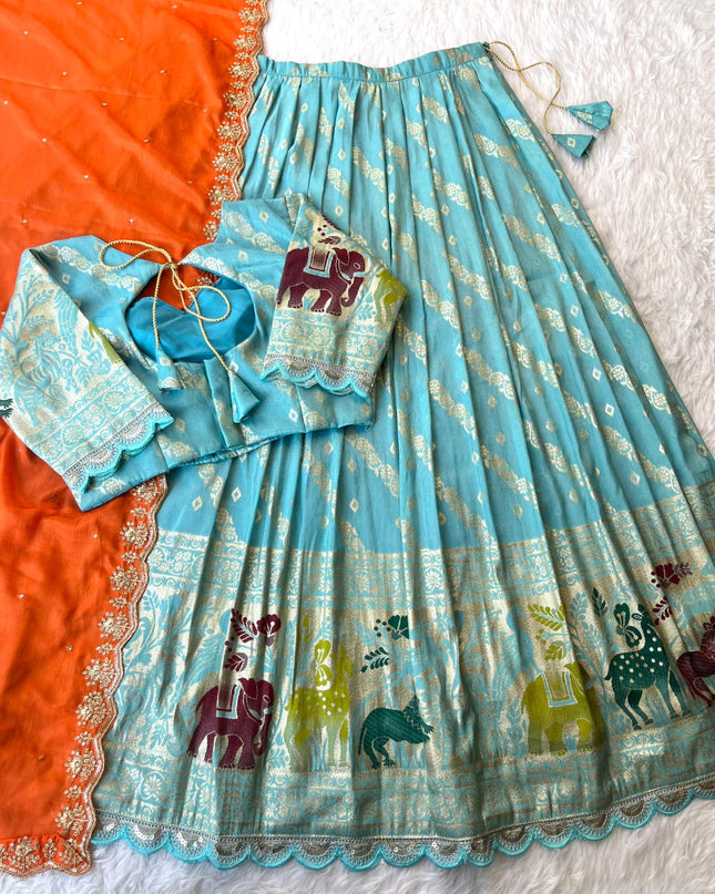 Viscose tissue silk with embroidery cut work lace  Lehengha