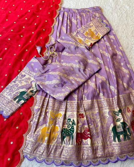 Viscose tissue silk with embroidery cut work lace  Lehengha