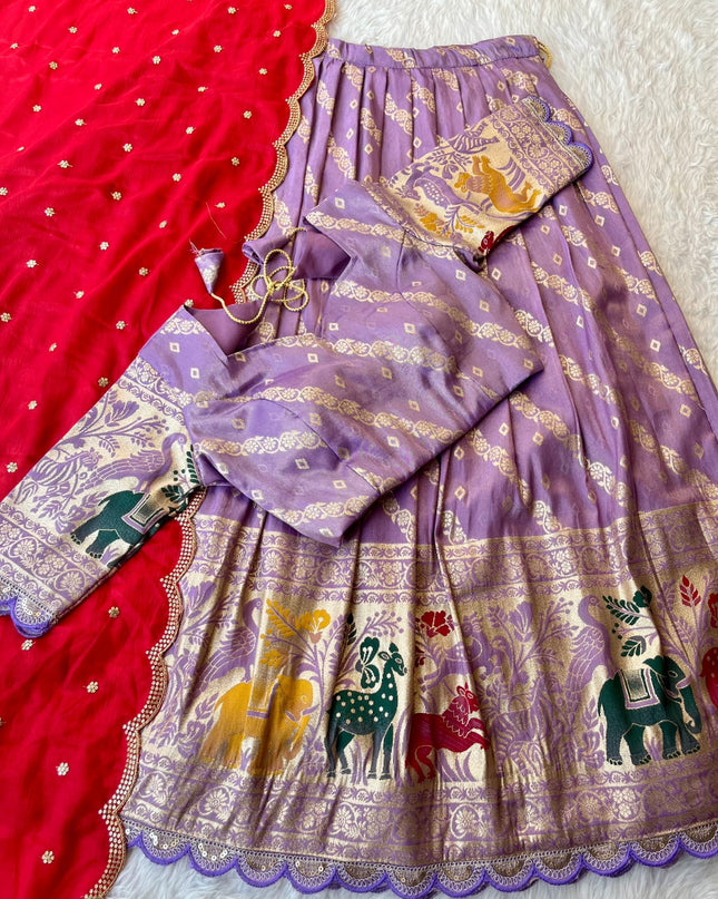 Viscose tissue silk with embroidery cut work lace  Lehengha