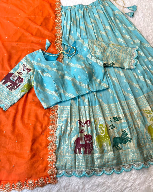 Viscose tissue silk with embroidery cut work lace  Lehengha