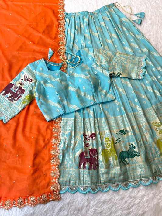 Viscose tissue silk with embroidery cut work lace  Lehengha