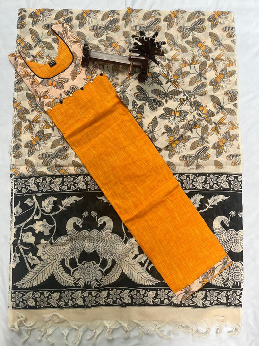 Stitched cotton dress with Full length Lining Yellow Colour kalamkari design 3pc set