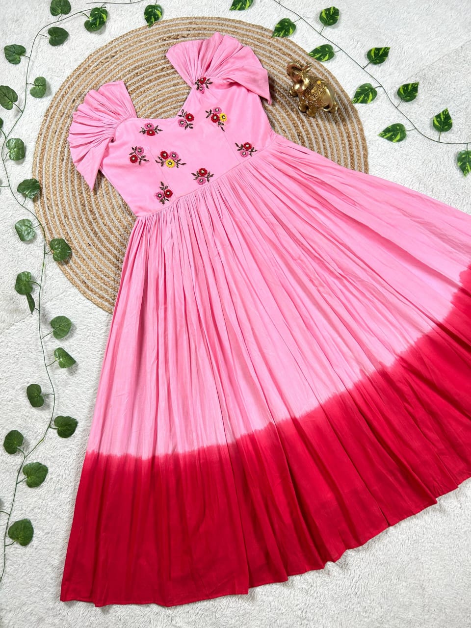 Mull mull maggam work gowns Pink Flowers M-38 - Main Image