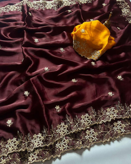 satin chiffon crush silk with beautiful embroidery & moti work scalloped cut work border