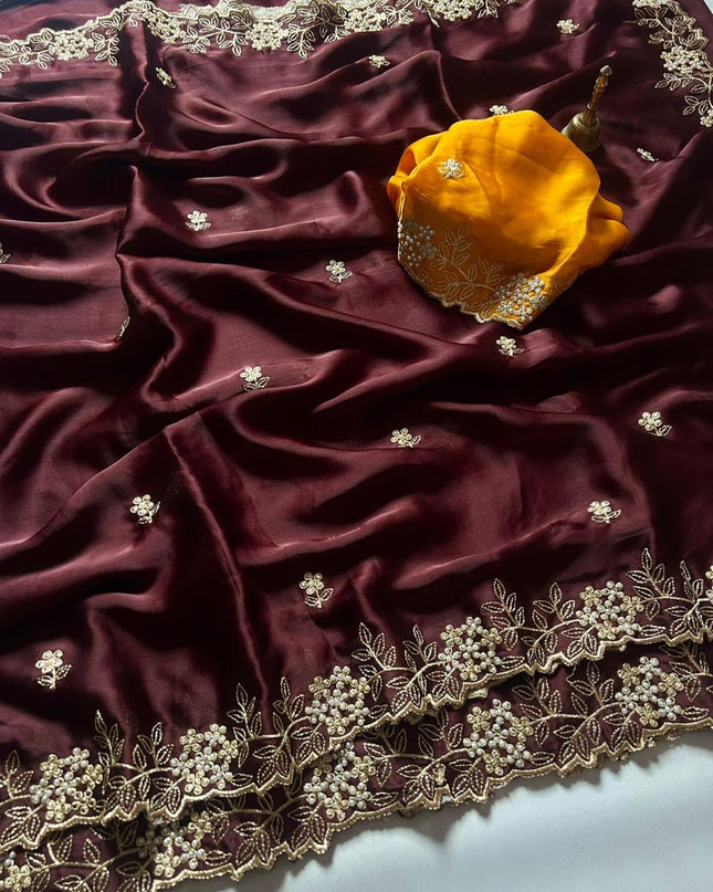 satin chiffon crush silk with beautiful embroidery & moti work scalloped cut work border