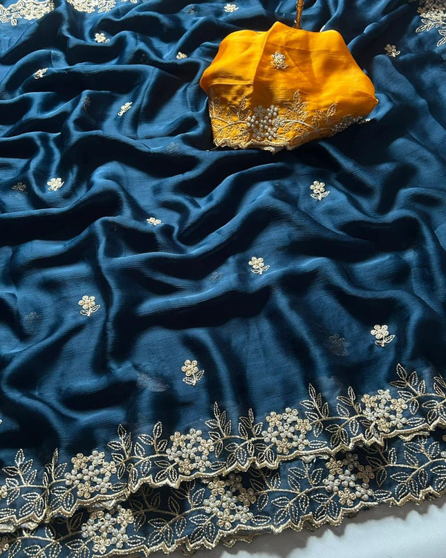 satin chiffon crush silk with beautiful embroidery & moti work scalloped cut work border