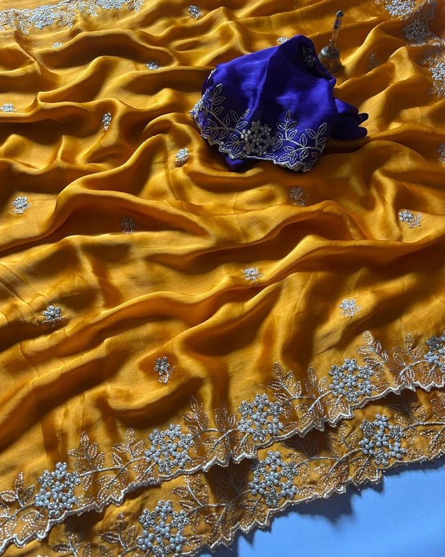 satin chiffon crush silk with beautiful embroidery & moti work scalloped cut work border